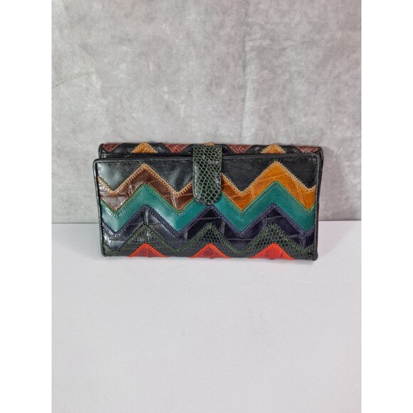 Vintage Genuine Leather SHARIFF Black Patchwork Bi-fold Wallet Flap Embroidered - Picture 2 of 8